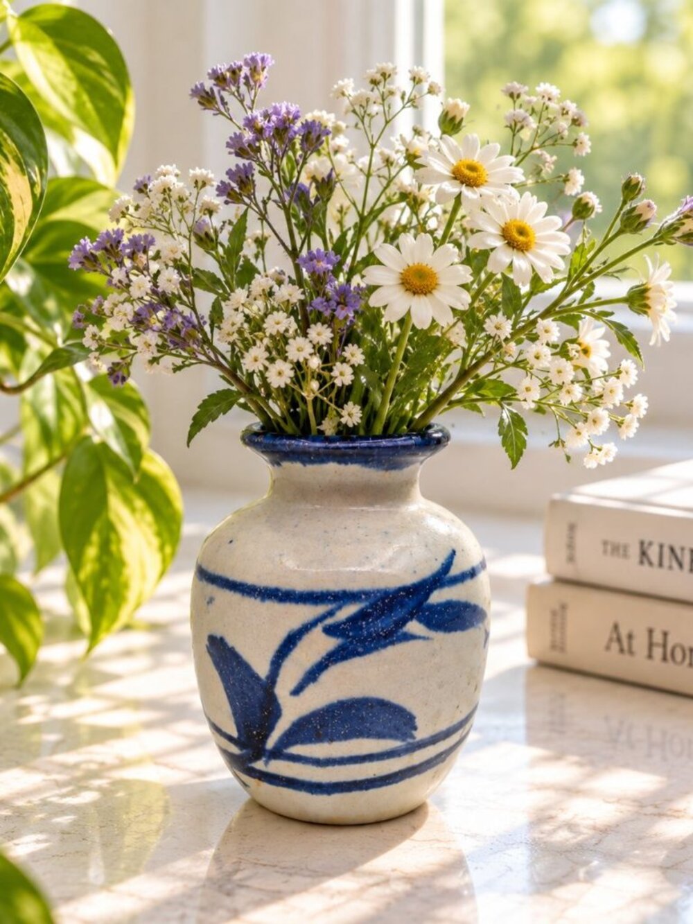 Vintage Hand-Painted Blue & White Ceramic Vase Floral Design Signed Base 3 Inche